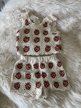 Rylee + Cru Cream Crochet Top with Strawberries